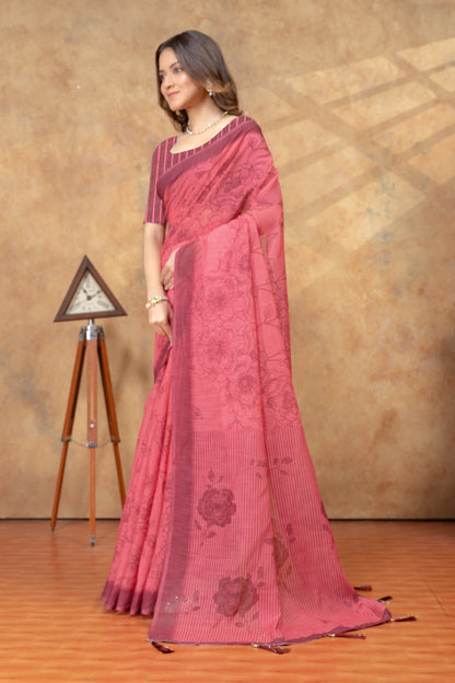 Rose Pink Floral Printed Saree with Striped Border for Women