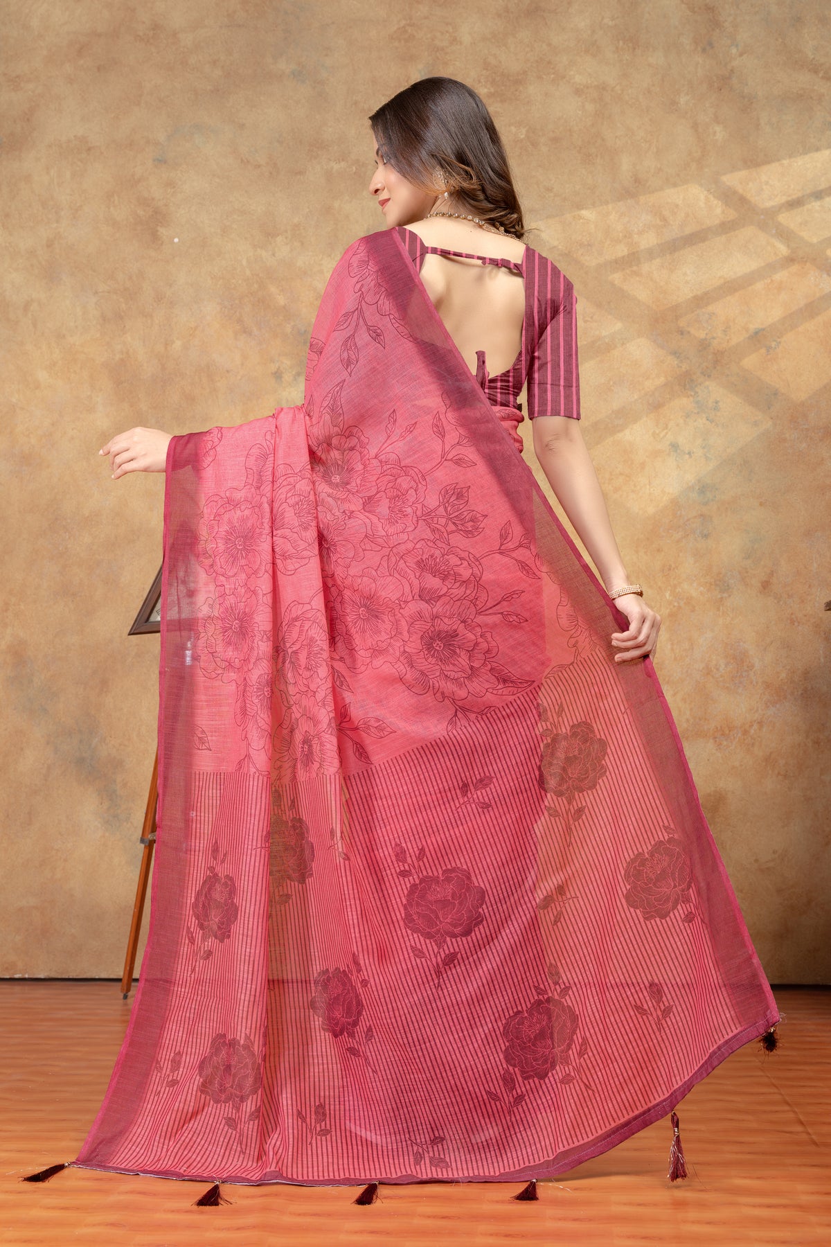 Rose Pink Floral Printed Saree with Striped Border for Women