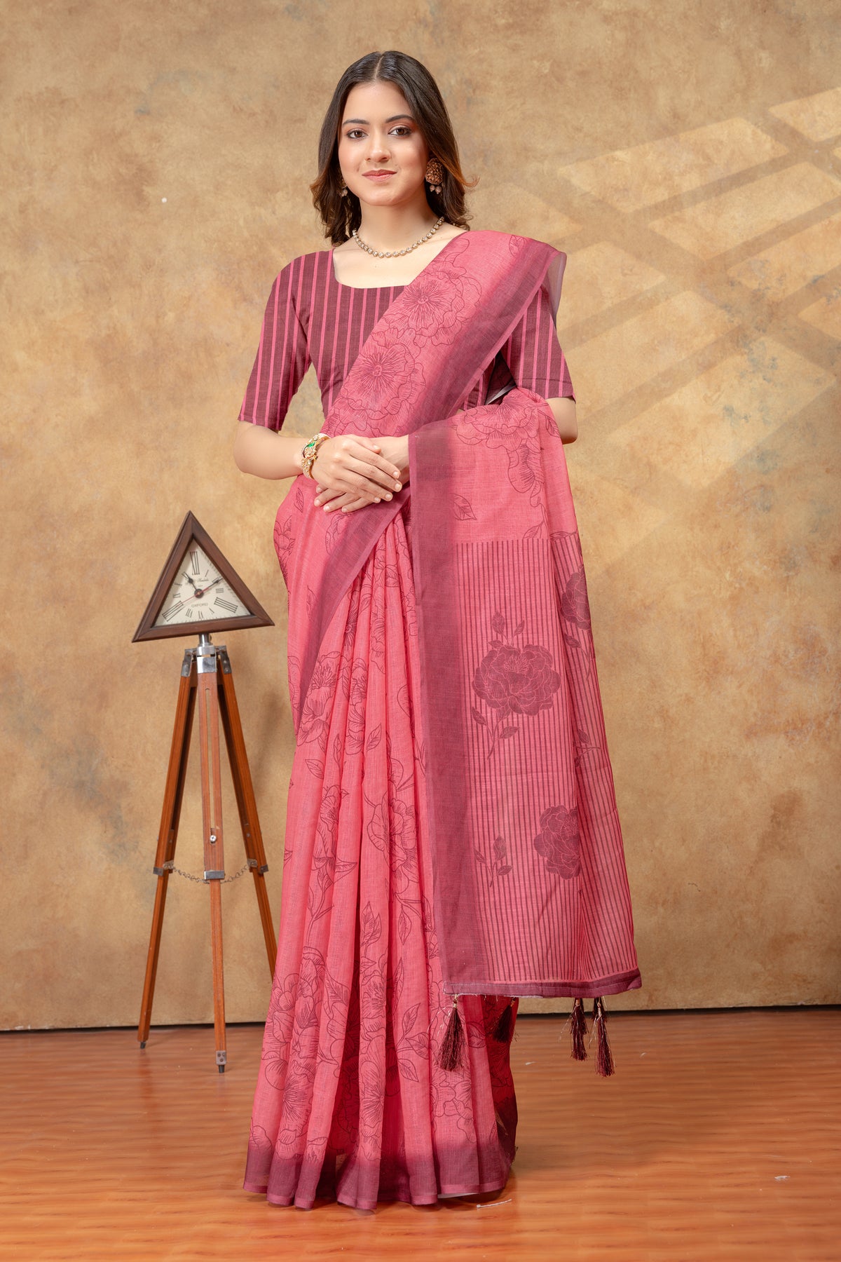 Rose Pink Floral Printed Saree with Striped Border for Women