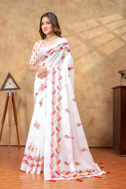 White Floral Printed Saree with Colorful Border for Women