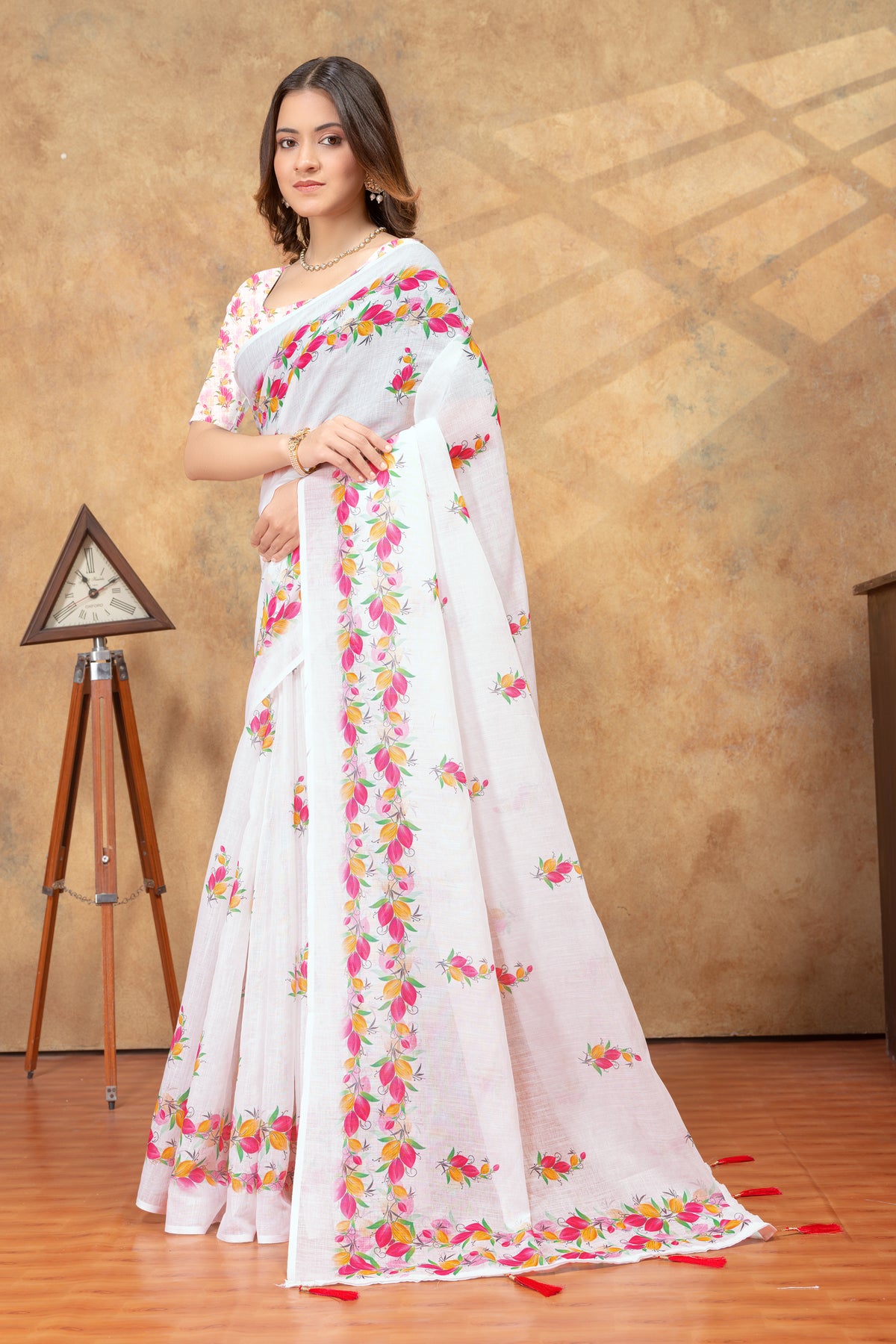 White Floral Printed Saree with Colorful Border for Women