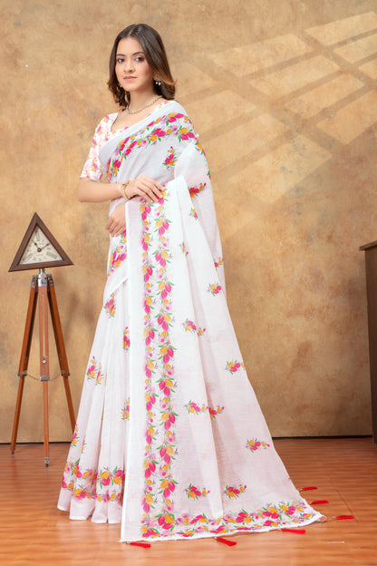 White Floral Printed Saree with Colorful Border for Women