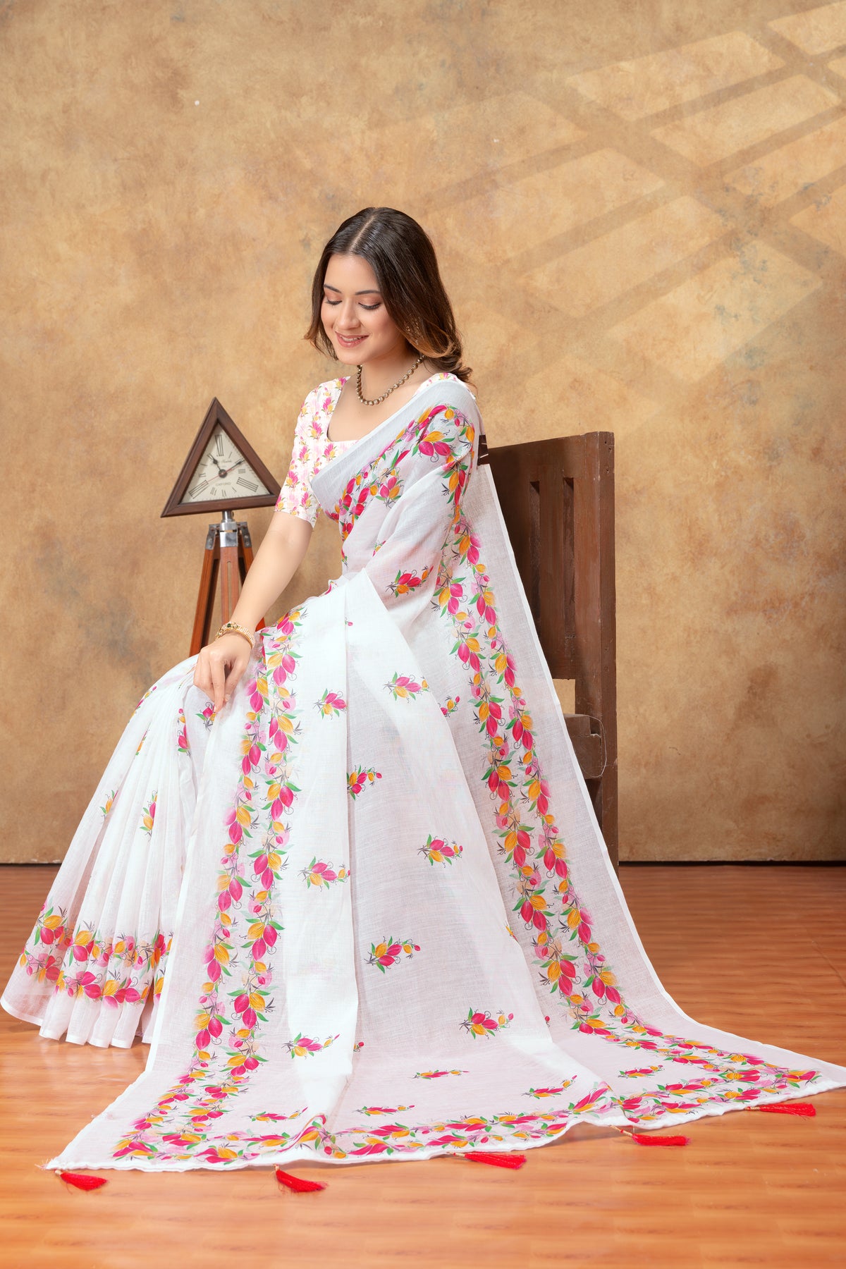 White Floral Printed Saree with Colorful Border for Women