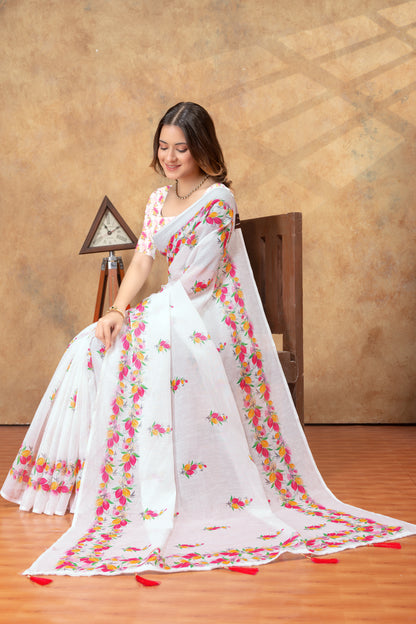 White Floral Printed Saree with Colorful Border for Women