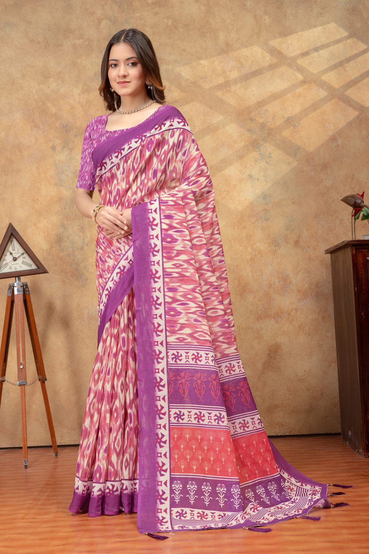 Purple Pink Ikat Print Saree with Decorative Border for Women