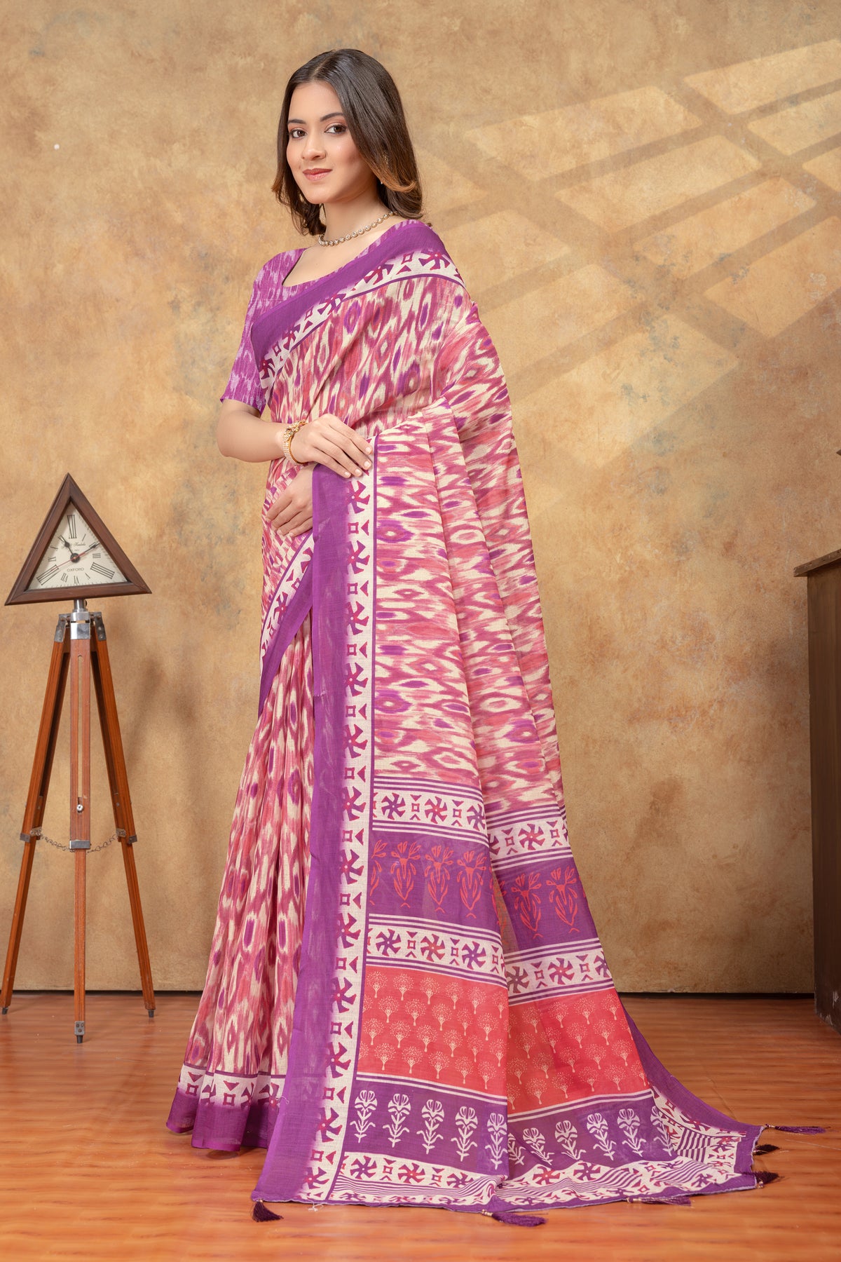 Purple Pink Ikat Print Saree with Decorative Border for Women