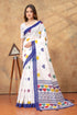 White Heart Print Saree with Blue Geometric Border for Women