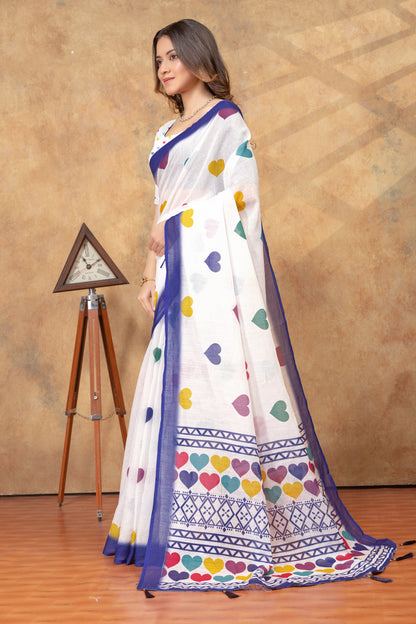 White Heart Print Saree with Blue Geometric Border for Women