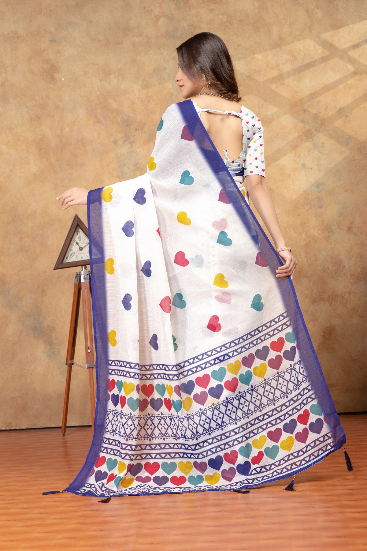White Heart Print Saree with Blue Geometric Border for Women