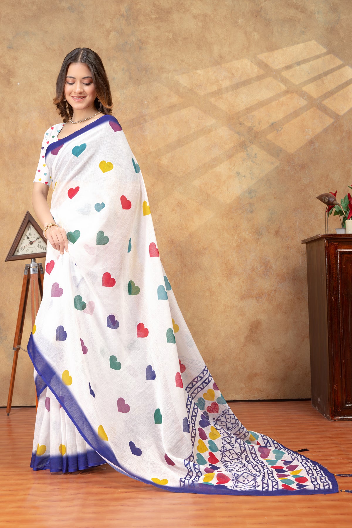 White Heart Print Saree with Blue Geometric Border for Women