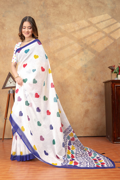White Heart Print Saree with Blue Geometric Border for Women