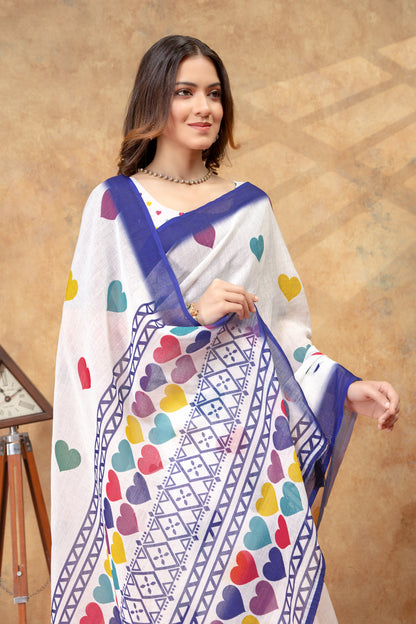 White Heart Print Saree with Blue Geometric Border for Women