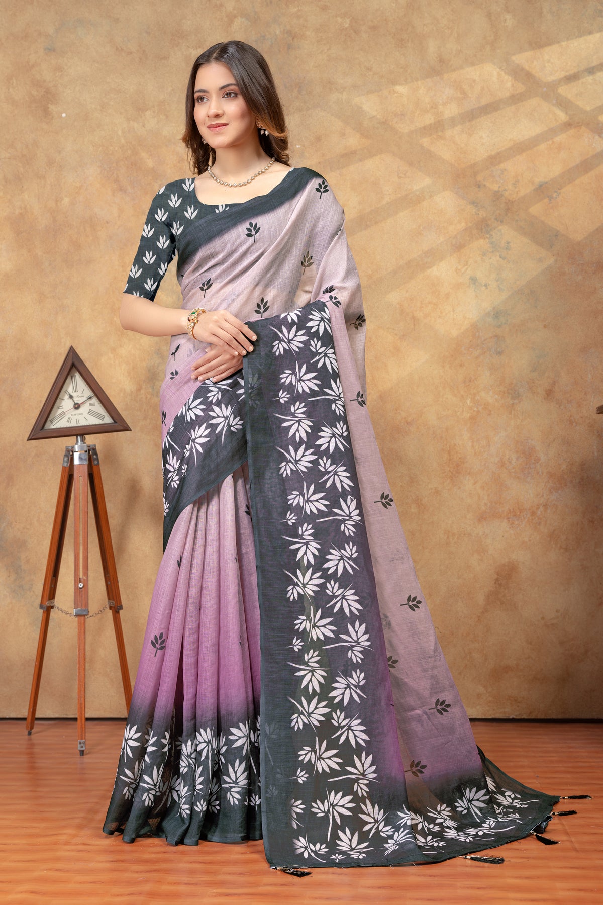 Lavender Leaf Print Saree with Charcoal Floral Border for Women