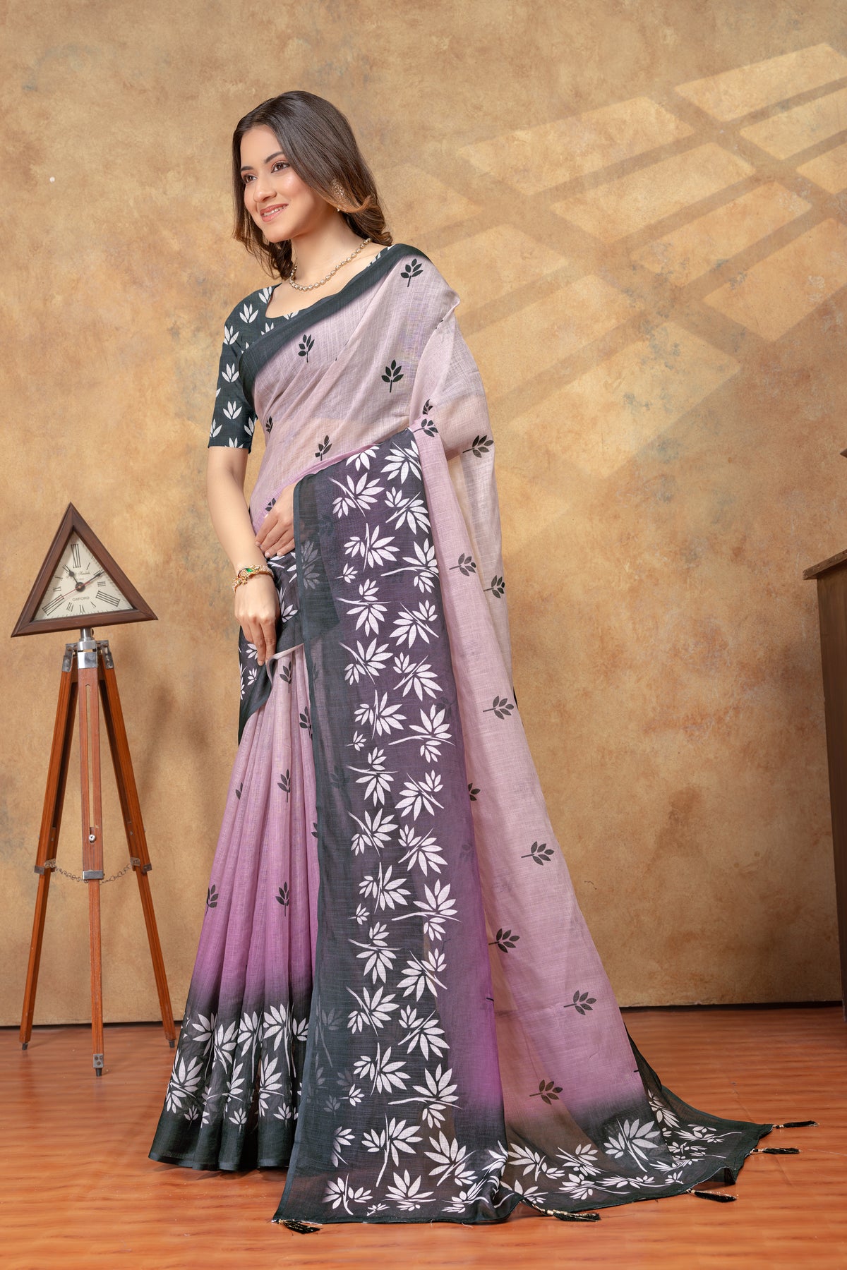 Lavender Leaf Print Saree with Charcoal Floral Border for Women