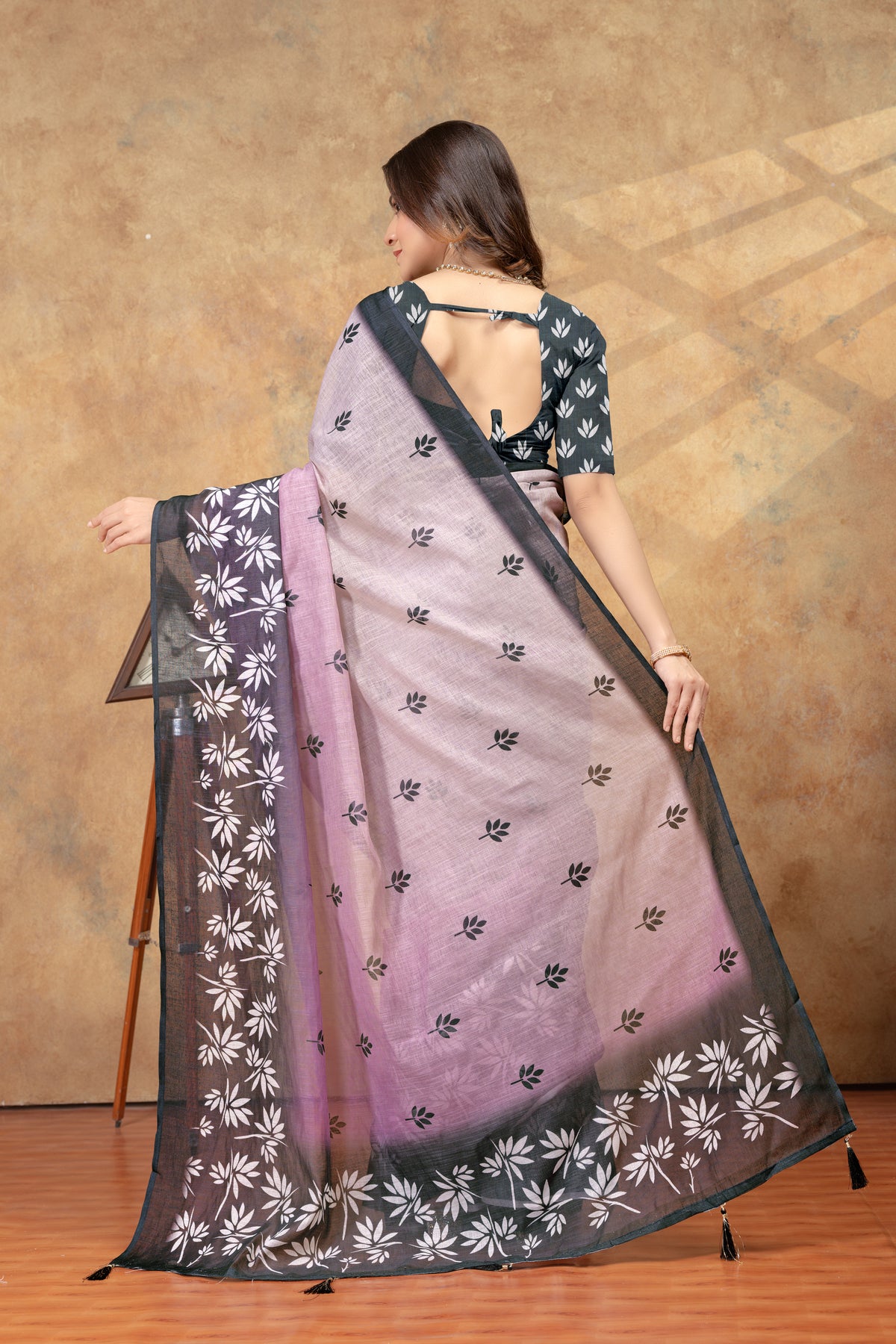 Lavender Leaf Print Saree with Charcoal Floral Border for Women