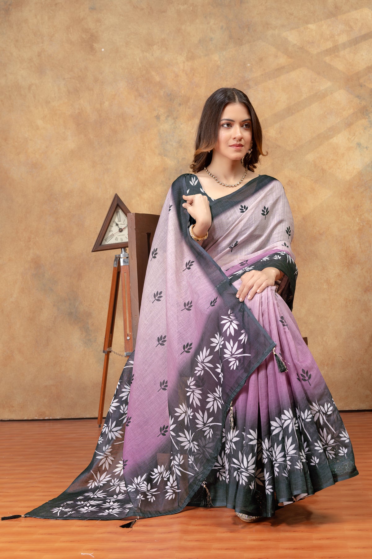 Lavender Leaf Print Saree with Charcoal Floral Border for Women