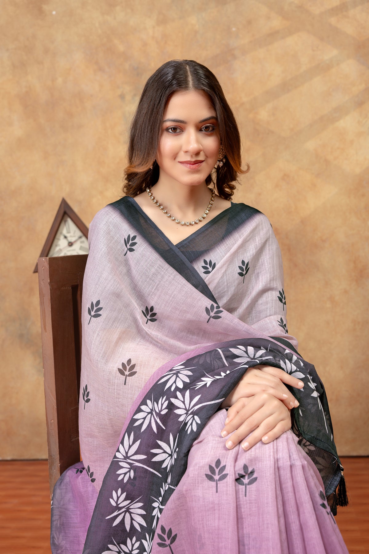 Lavender Leaf Print Saree with Charcoal Floral Border for Women
