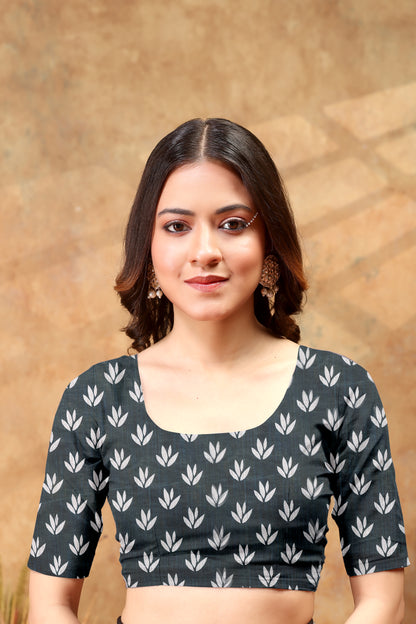 Lavender Leaf Print Saree with Charcoal Floral Border for Women
