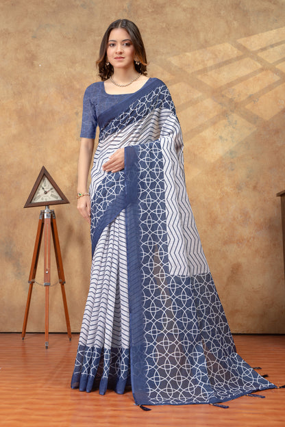 Indigo Blue Geometric Print Saree with Contrast Pallu for Women