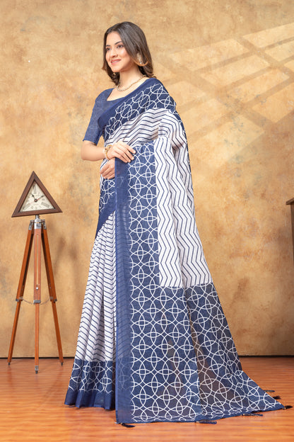 Indigo Blue Geometric Print Saree with Contrast Pallu for Women