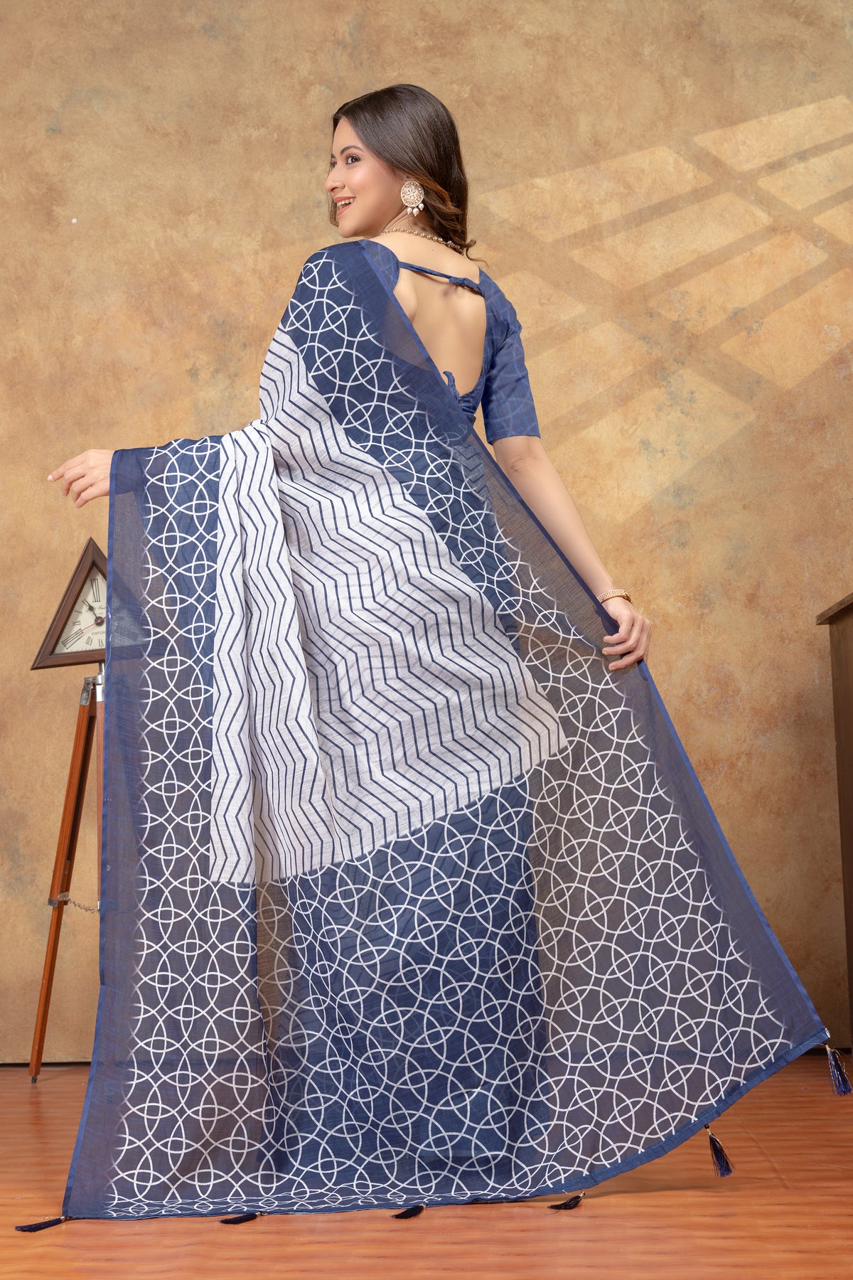Indigo Blue Geometric Print Saree with Contrast Pallu for Women