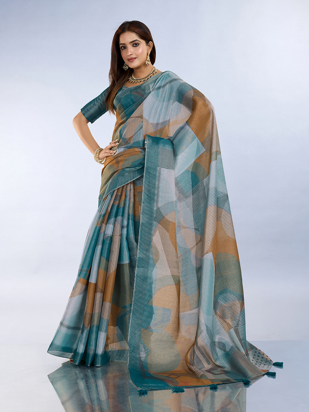 Teal Erode Cotton Abstract Saree with Geometric Stripe Arts for Women