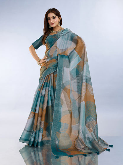 Teal Erode Cotton Abstract Saree with Geometric Stripe Arts for Women