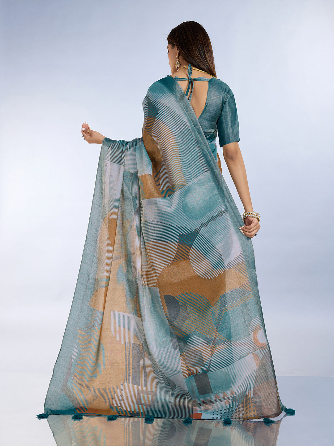 Teal Erode Cotton Abstract Saree with Geometric Stripe Arts for Women