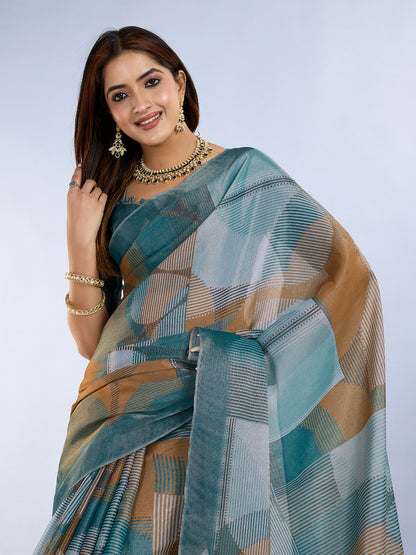 Teal Erode Cotton Abstract Saree with Geometric Stripe Arts for Women