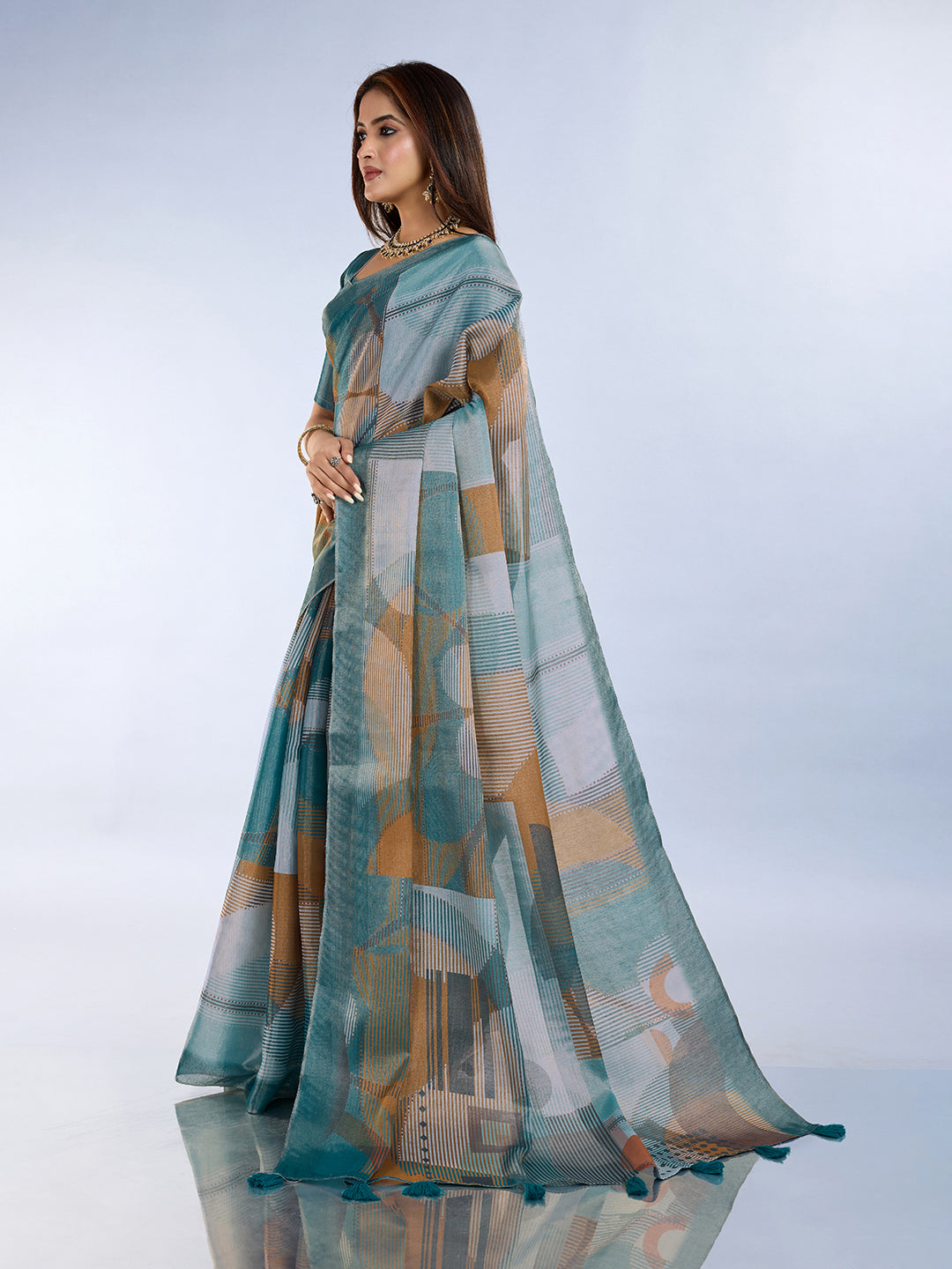Teal Erode Cotton Abstract Saree with Geometric Stripe Arts for Women