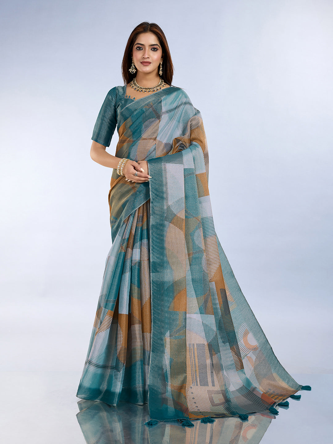 Teal Erode Cotton Abstract Saree with Geometric Stripe Arts for Women