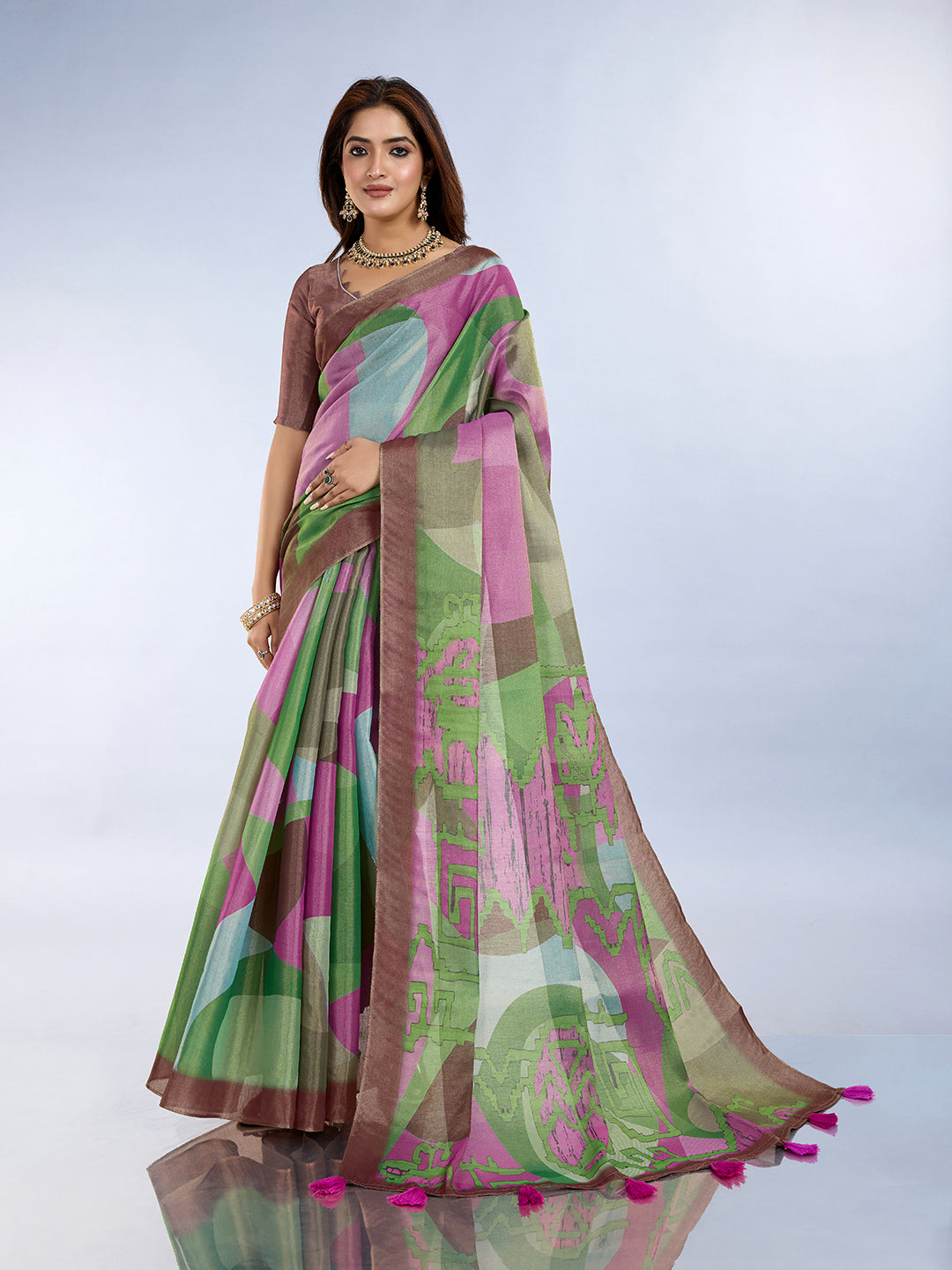 Green Pink Erode Cotton Abstract Saree with Artistic Border for Women
