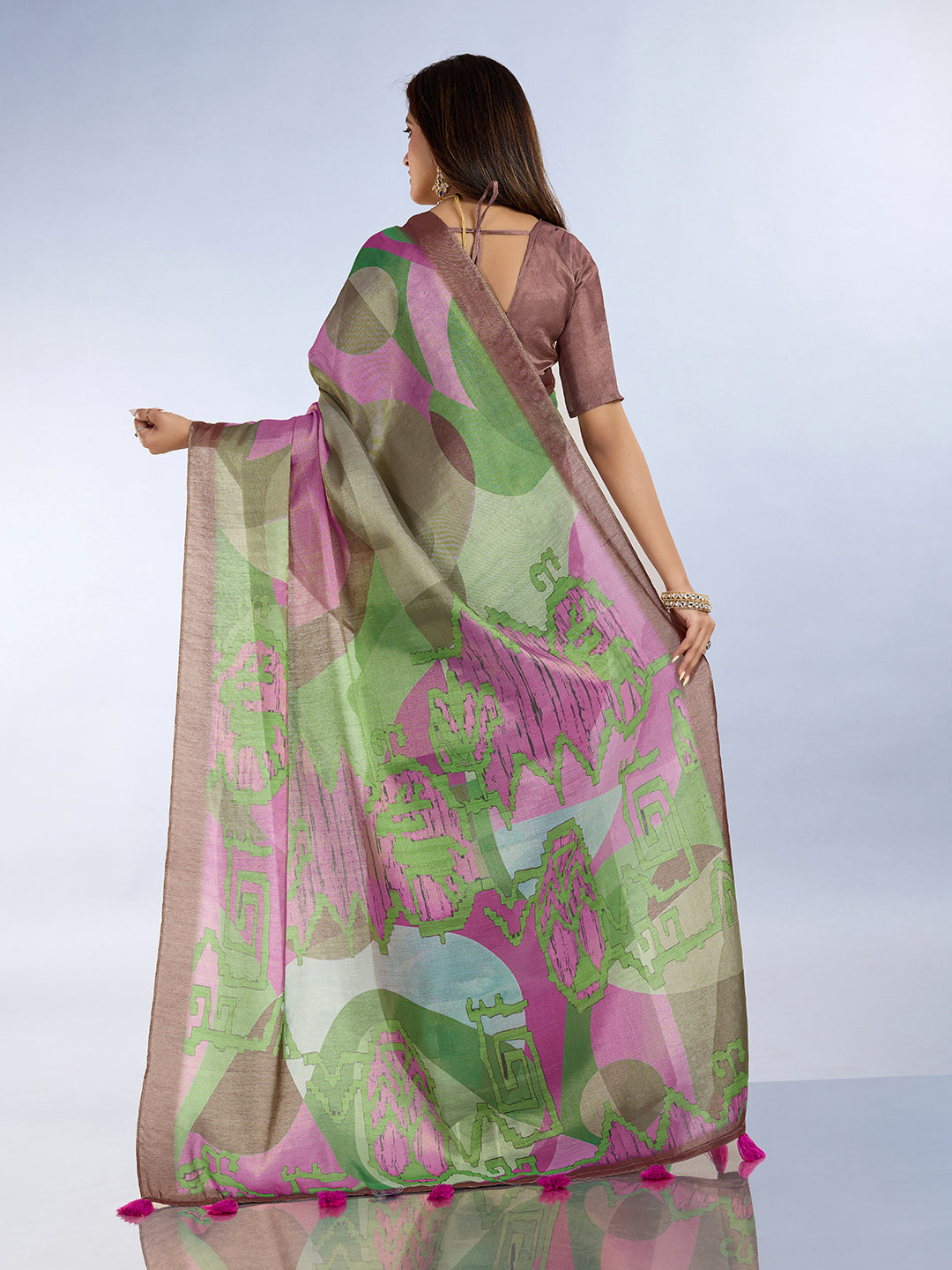 Green Pink Erode Cotton Abstract Saree with Artistic Border for Women