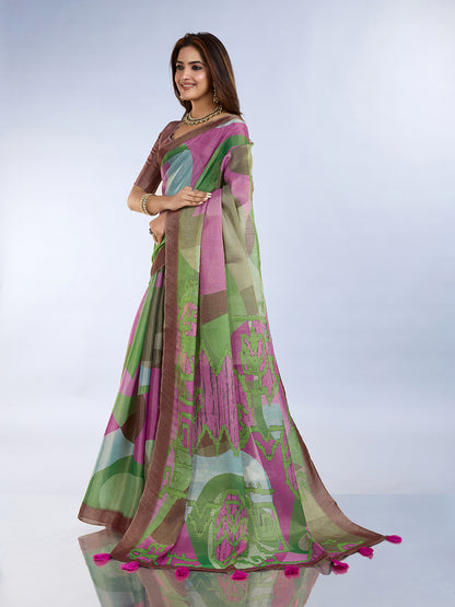Green Pink Erode Cotton Abstract Saree with Artistic Border for Women