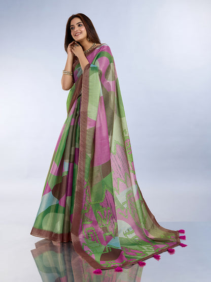 Green Pink Erode Cotton Abstract Saree with Artistic Border for Women