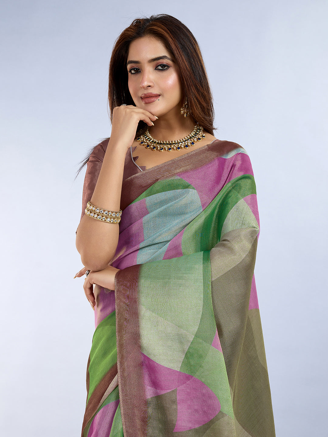 Green Pink Erode Cotton Abstract Saree with Artistic Border for Women