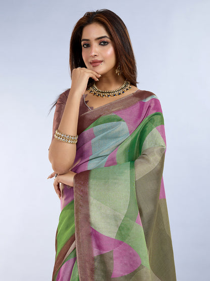 Green Pink Erode Cotton Abstract Saree with Artistic Border for Women