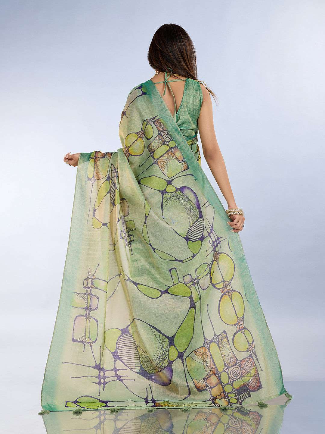 Sea Green Abstract Print Erode Cotton Saree with Blouse Set for Women