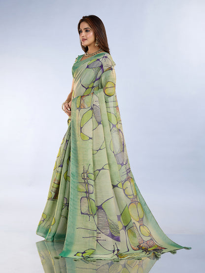 Sea Green Abstract Print Erode Cotton Saree with Blouse Set for Women
