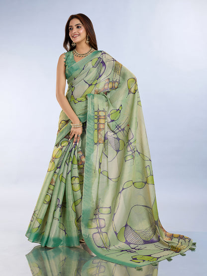 Sea Green Abstract Print Erode Cotton Saree with Blouse Set for Women
