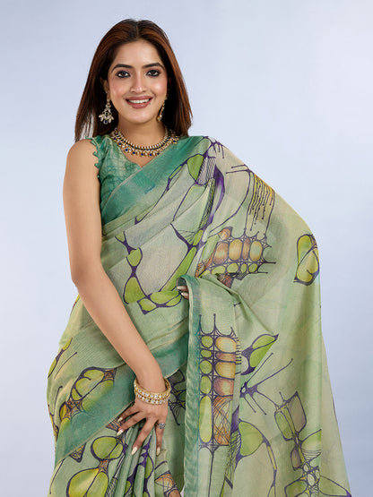 Sea Green Abstract Print Erode Cotton Saree with Blouse Set for Women
