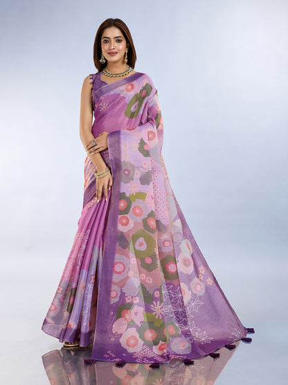 Elegant Lilac Floral Erode Cotton Saree with Contrast Pallu for Women