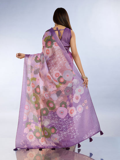 Elegant Lilac Floral Erode Cotton Saree with Contrast Pallu for Women