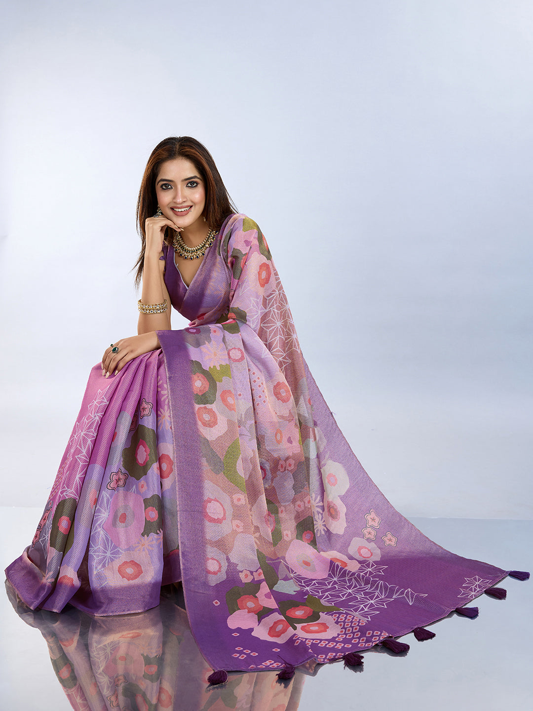 Elegant Lilac Floral Erode Cotton Saree with Contrast Pallu for Women