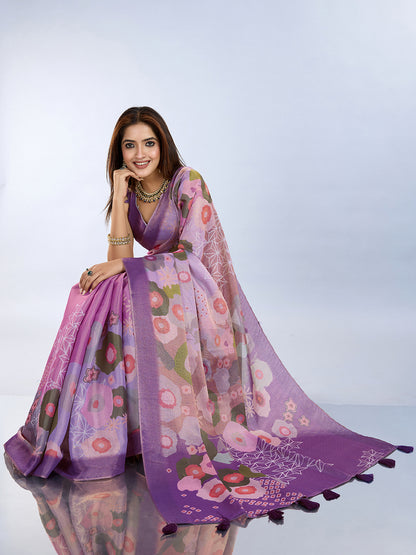 Elegant Lilac Floral Erode Cotton Saree with Contrast Pallu for Women