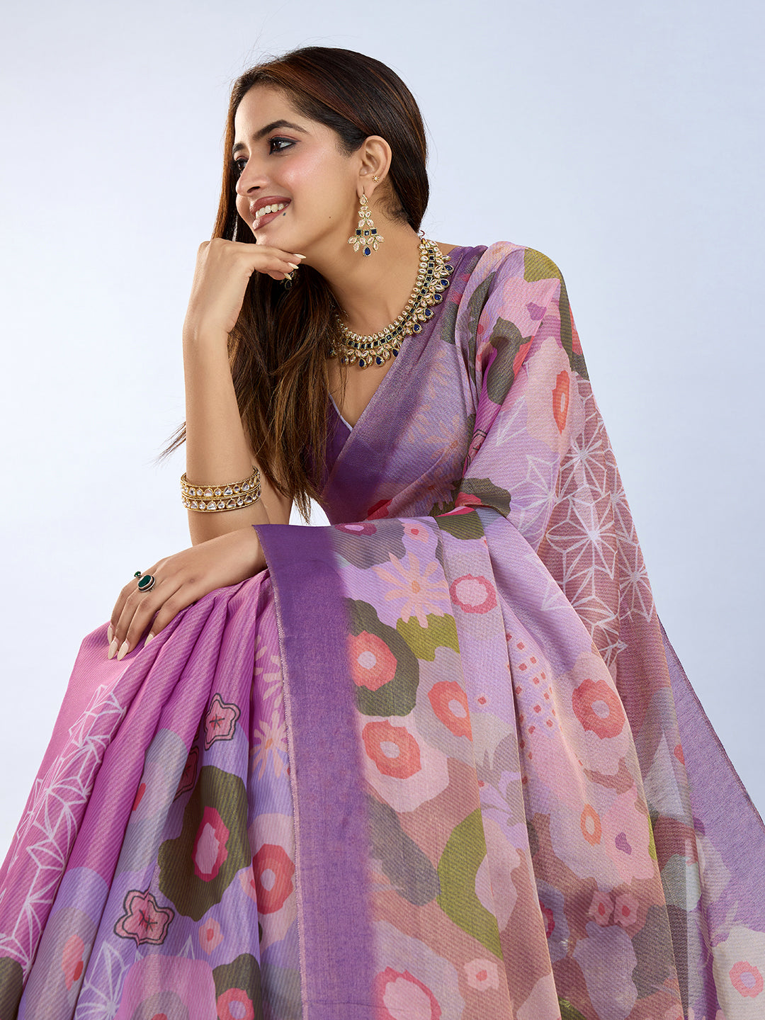 Elegant Lilac Floral Erode Cotton Saree with Contrast Pallu for Women