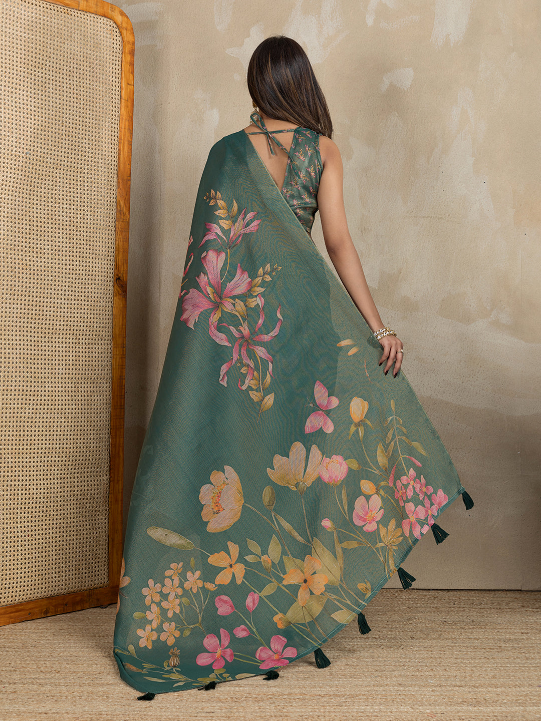 Teal Erode Cotton Floral Saree with Statement Printed Pallu 2