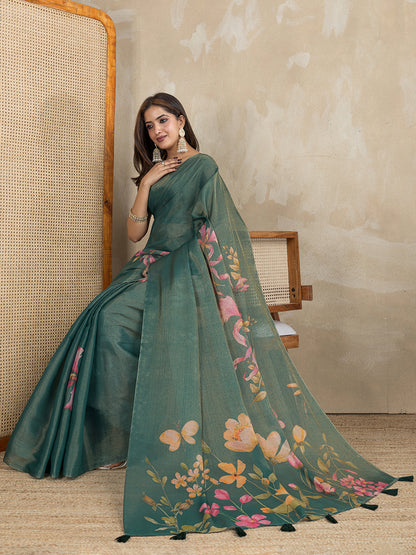 Teal Erode Cotton Floral Saree with Statement Printed Pallu 2