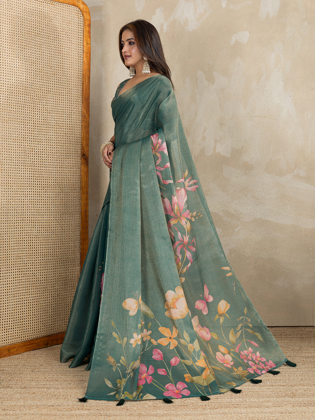 Teal Erode Cotton Floral Saree with Statement Printed Pallu 2