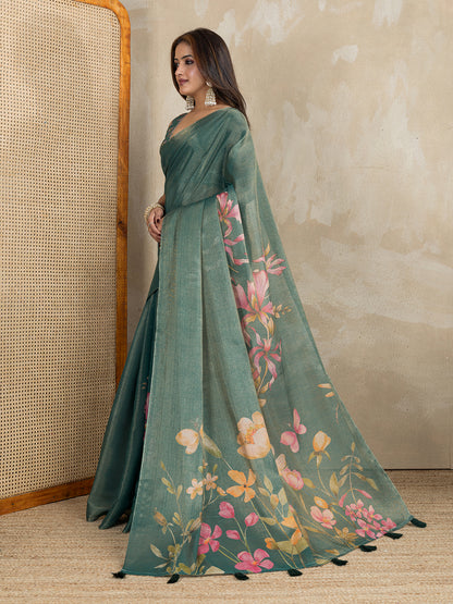 Teal Erode Cotton Floral Saree with Statement Printed Pallu 2